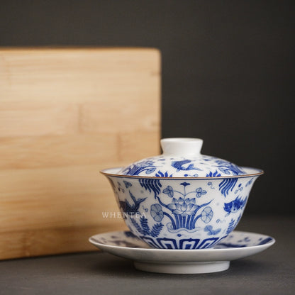 Jingdezhen Yuhe Auspicious Blue and White Porcelain Sancai Cover Bowl