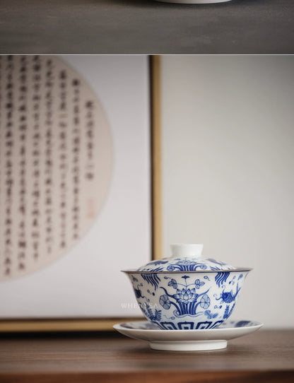 Bol à couvercle Sancai en porcelaine bleue et blanche de Jingdezhen Yuhe