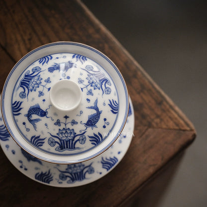 Bol à couvercle Sancai en porcelaine bleue et blanche de Jingdezhen Yuhe