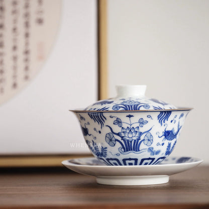 Jingdezhen Yuhe Auspicious Blue and White Porcelain Sancai Cover Bowl